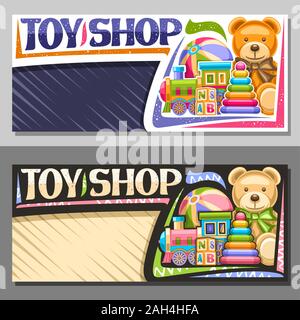 Formati vettoriali per il negozio di giocattoli con spazio copia, decorativi segno bordo con il cartoon treno a vapore, pallone gonfiabile, morbido orsacchiotto, piramide di plastica, di legno Illustrazione Vettoriale