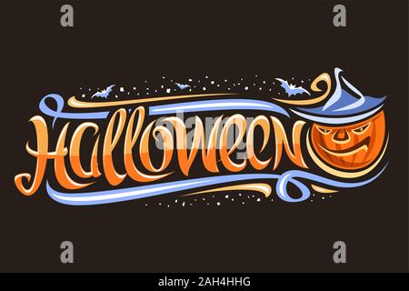 Vector biglietto di auguri per la festa di Halloween Holiday, decorativi flyer per caduta la vendita con il cartoon sinister jack-o-Lantern e mazze battenti, spazzola originale typefa Illustrazione Vettoriale