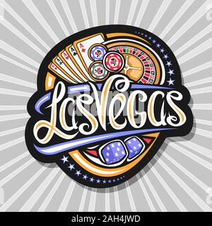 Il logo del vettore per Las Vegas, scuro tag decorativo con illustrazione di quattro tipi di assi e roulette, segno bordo con originali scritte per le parole di Las Vega Illustrazione Vettoriale