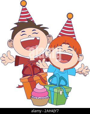 Cartoon happy boys con regali di compleanno icona scatole Illustrazione Vettoriale