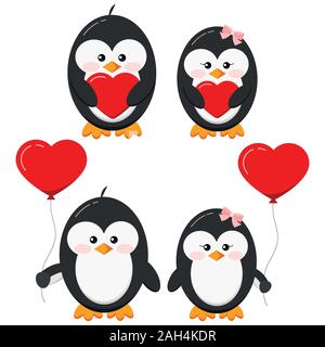 Carino adorabile pinguino stand con cuore rosso e forma di cuore palloncini impostare isolati su sfondo bianco. Design piatto San Valentino carattere vettoriale illus Illustrazione Vettoriale