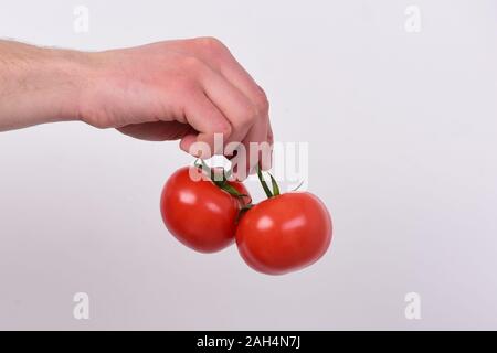 Salute e nutrizione concetto. Pomodori posti su sfondo grigio chiaro, copia dello spazio. Maschio lato detiene il mazzetto di pomodori rossi I pomodori in luminose e succosa di colore. Foto Stock