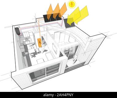 Schema di un appartamento con una camera da letto completamente arredati con ulteriore riscaldamento di acqua solare pannelli e pannelli fotovoltaici sul tetto come fonte di el Illustrazione Vettoriale