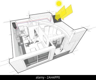 Vista spaccata in diagramma di un appartamento con una camera da letto completamente arredati con un ulteriore riscaldamento di acqua solare sul tetto di pannelli Illustrazione Vettoriale