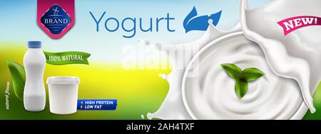 Greco naturale e bere yogurt annunci banner con coppa di crema di latte splash vuoto e il confezionamento di contenitori, 3d illustrazione vettoriale di yogurt bottiglia Illustrazione Vettoriale