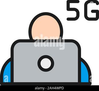 Uomo al portatile con 5G internet flat linea di colore icona. Illustrazione Vettoriale