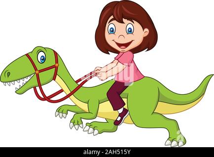 Cartoon bambina a cavallo di un dinosauro Illustrazione Vettoriale