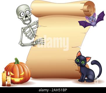 Segno di Halloween con scheletro, bat, zucca e gatto nero Illustrazione Vettoriale