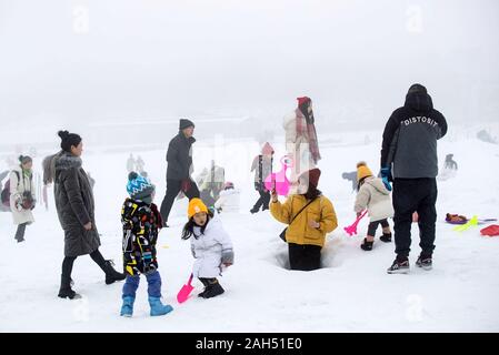 Chengdu, cinese della provincia di Sichuan. 24 dicembre, 2019. I turisti divertirsi sulla neve Xiling Mountain a Chengdu, Cina sud-occidentale della provincia di Sichuan, Dic 24, 2019. Un Ice & Snow Festival aperto qui il martedì. Credito: Jiang Hongjing/Xinhua/Alamy Live News Foto Stock