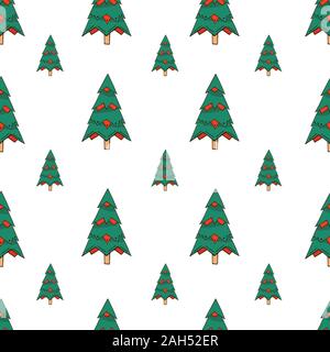 Vector seamless pattern con disegnati a mano alberi di Natale nei colori rosso e verde isolato su sfondo bianco. Infinite texture. La carta di avvolgimento Illustrazione Vettoriale