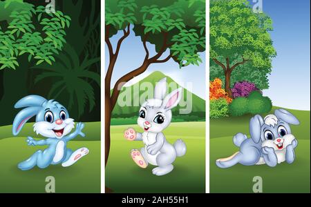 Serie di divertenti conigli con lo sfondo della natura Illustrazione Vettoriale