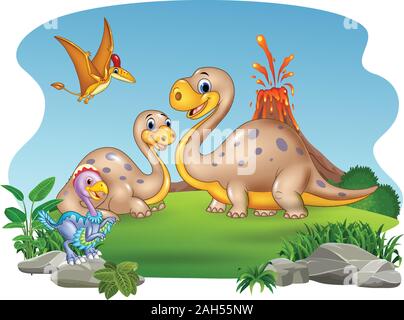 Cartoon la madre e il bambino dinosauri con lo sfondo della natura Illustrazione Vettoriale