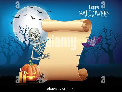 Lo scheletro di Cartoon holding Scorrere banner con sfondo di Halloween Illustrazione Vettoriale