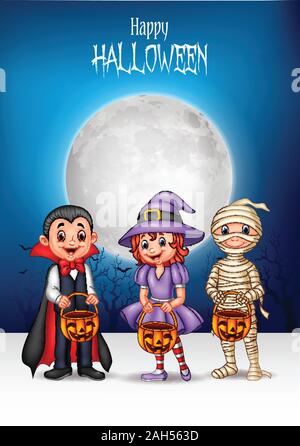 Cartoon kids con il costume di Halloween tenendo la zucca paniere Illustrazione Vettoriale