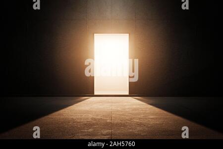 Porta di luce nella stanza buia. 3D render Foto Stock