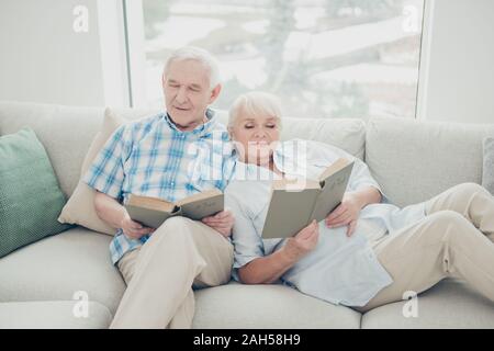 Ritratto di lei il suo ha due belle attraente focalizzato e concentrato nella pace i coniugi seduti sul divano a leggere Nuovo libro interessante alla luce di Pentecoste Foto Stock