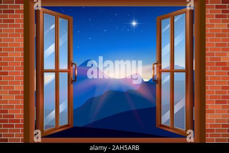 Paesaggio di montagna in mattinata a windows Illustrazione Vettoriale