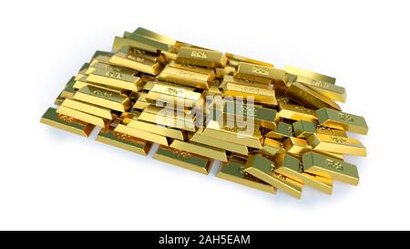 Pile impilate di oro bar. 3D reso illustrazione isolati su sfondo bianco. Messa a fuoco selettiva di ripresa macro con DOF poco profondo. Foto Stock