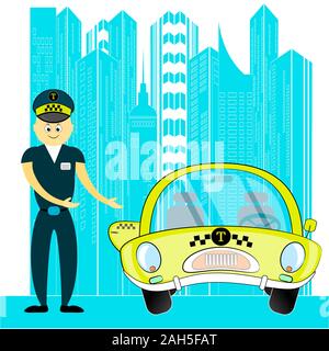 Taxi driver passeggero invitante entrare in auto. illustrazione vettoriale. Servizio taxi offrire. friendly taxi driver. Yellow taxi auto. business illustra vettore Illustrazione Vettoriale