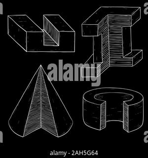 Figure geometriche. Mano bozzetto su sfondo nero. Illustrazione Vettoriale. Illustrazione Vettoriale