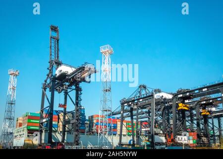 Hong Kong Cina - Novembre 2019: gru di carico del contenitore di spedizione su merci porto centro di logistica di Hong Kong Foto Stock