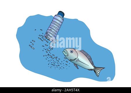 Particelle Microplastic nell'acqua e all'interno di pesce. Impatto di microplastic nell ecosistema marino concetto. Rischio per la salute di micro pezzi di plastica. Vettore Illustrazione Vettoriale