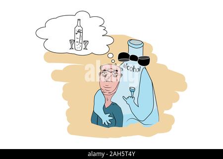 Infelice triste uomo alcolica e cordiale bottiglia di alcool. Alcool dipendenza, perniciosa abitudine concetto. Cartoon stile piatto vettore isolato su bianco Illustrazione Vettoriale