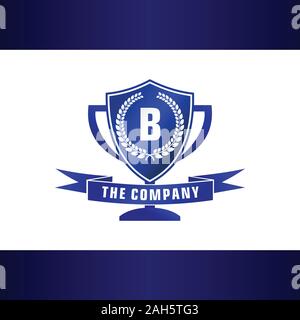 Lettera alfabetica B Company Logo Design Template, blu trofeo con scudo e forma l'elemento di intestazione Concetto di logo, Torneo League Logo iniziale Illustrazione Vettoriale