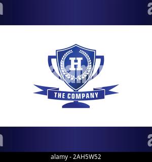 Lettera alfabetica H company Logo Design Template, blu trofeo con scudo e forma l'elemento di intestazione Concetto di logo, Torneo League Logo iniziale Illustrazione Vettoriale