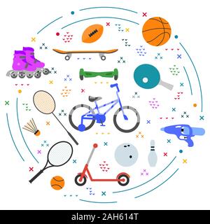 Illustrazione Vettoriale Kid sport, giochi articoli sportivi per i bambini. Atletico e uno stile di vita sano. Infanzia felice. Attività. Vacanza in famiglia. Spo Illustrazione Vettoriale