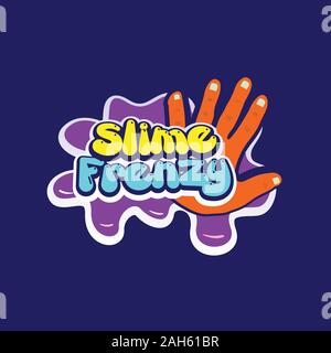 Il fango di frenesia Concetto di logo, Liquido divertente giocare Logo Design modello di elemento a mano, Liquido giocattoli, Kid Zone, arancione, viola, giallo, Tosca Blu, colorato Illustrazione Vettoriale