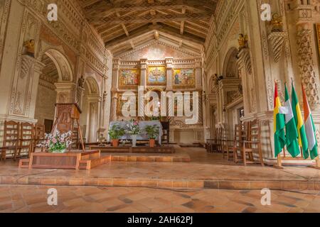 Il Tempio dei Gesuiti o la Chiesa di San Javier o la Missione Gesuita di San Xavier, il circuito dei Gesuiti, il Patrimonio Mondiale dell'UNESCO, le Lowlands orientali, la Bolivia, l'America Latina Foto Stock