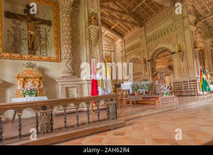 Il Tempio dei Gesuiti o la Chiesa di San Javier o la Missione Gesuita di San Xavier, il circuito dei Gesuiti, il Patrimonio Mondiale dell'UNESCO, le Lowlands orientali, la Bolivia, l'America Latina Foto Stock