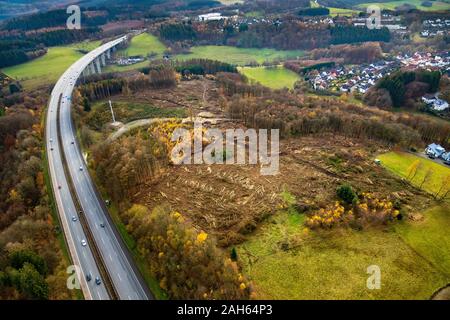 Foto aerea, autostrada A45 danni forestali nei pressi di Lüdenscheid-Süd, Lüdenscheid, Märkischer Kreis, Sauerland, Renania settentrionale-Vestfalia, Germania, deforestatio Foto Stock