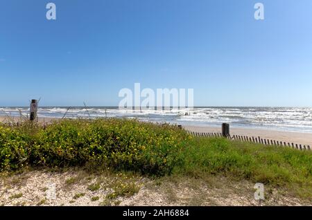 Apparentemente infinite onde sul rullo a Galveston West Beach sul Golfo del Messico, Costa del Texas. Foto Stock