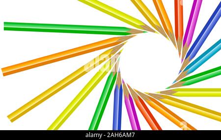 Le matite in molti colori fanno forme di cerchi e cuori. Foto Stock