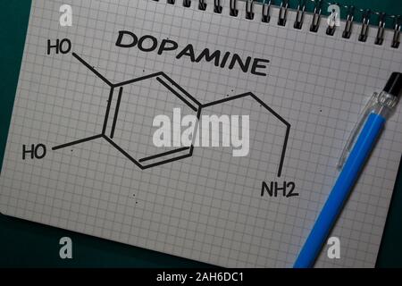 La dopamina di scrivere su un libro. Formula chimica di struttura. Il concetto di istruzione Foto Stock
