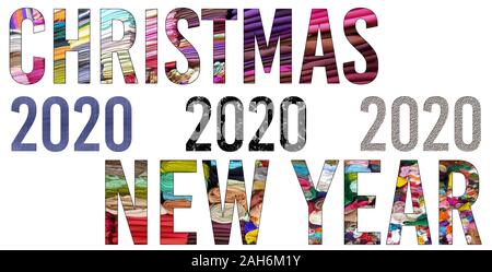Borse per lo shopping Happy New Year. Giorno di Natale Fashion Design 2020. Banner design del giorno di Natale. Nuovo anno 2020. Moda tessuto per donne Foto Stock