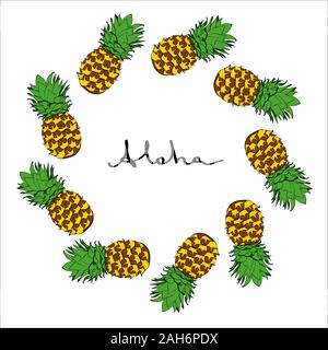 Vettore inchiostro colorato telaio di ananas in originale Illustrazione Vettoriale