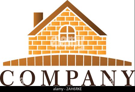 Vintage House Real Estate Logo Design Template, impresa di costruzioni, finestra arrotondato forma, tetto, camino, muro di mattoni, recinzione di legno, Home Builders Illustrazione Vettoriale