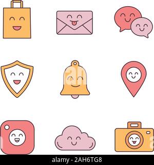 Voci sorridente colore set di icone. Felice shopping bag, Lettera, fumetti, scudo, bell, mappa pinpoint, fotocamera, cloud fotocamera. Vettore isolato malato Illustrazione Vettoriale