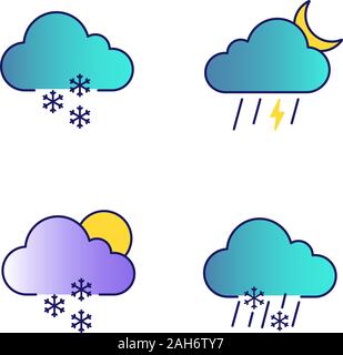 Previsioni meteo le icone a colori set. Luce neve, notte temporale, sparse neve, nevischio meteo. Isolato illustrazioni vettoriali Illustrazione Vettoriale