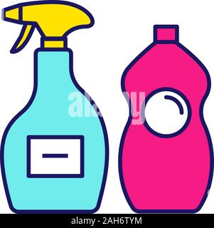 Prodotti chimici di pulizia icona di colore. Detergente per vetri, lavastoviglie liquido. Prodotti per la pulizia di bagno, cucina, wc. Piastrella, vasca-doccia detergente. Ve isolato Illustrazione Vettoriale
