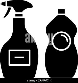 Prodotti chimici di pulizia icona glyph. Detergente per vetri, lavastoviglie. Prodotti per la pulizia di bagno, cucina, wc. Piastrella, vasca-doccia detergente. Simbolo di Silhouette. Illustrazione Vettoriale