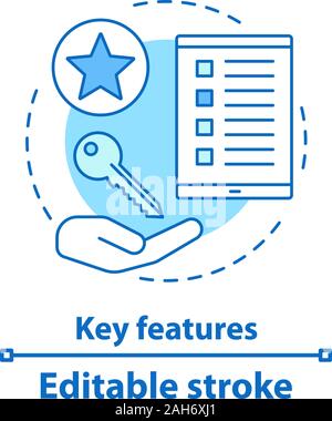 Funzioni chiave concetto icona. L'autorizzazione. Aggiungi a Preferiti. Ulteriori informazioni. Il servizio di qualità idea sottile linea illustrazione. Vettore outli isolato Illustrazione Vettoriale