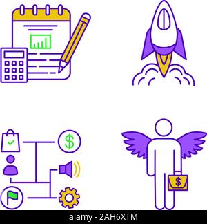 Colore di avvio di set di icone. Pianificazione delle finanze, lancio di avvio, strategia di business angel investitore. Isolato illustrazioni vettoriali Illustrazione Vettoriale