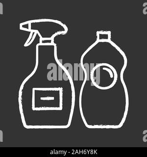 Prodotti chimici di pulizia chalk icona. Detergente per vetri, lavastoviglie liquido. Prodotti per la pulizia di bagno, cucina, wc. Piastrella, vasca-doccia detergente. Ve isolato Illustrazione Vettoriale