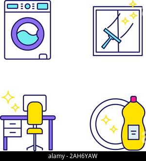 Il servizio di pulizia di icone a colori set. Macchina di lavaggio e pulizia di vetri, tabella ordinata, detersivo liquido per stoviglie. Isolato illustrazioni vettoriali Illustrazione Vettoriale