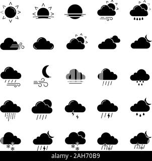 Previsioni meteo glifo set di icone. Neve, pioggia, nevischio. Doccia o pioggia, tempesta. Sole, Nuvoloso, nebbia e ventoso. Simboli di Silhouette. Vect Illustrazione Vettoriale