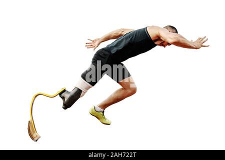 Atleta runner disabilitato con protesi start esegui su sfondo bianco Foto Stock